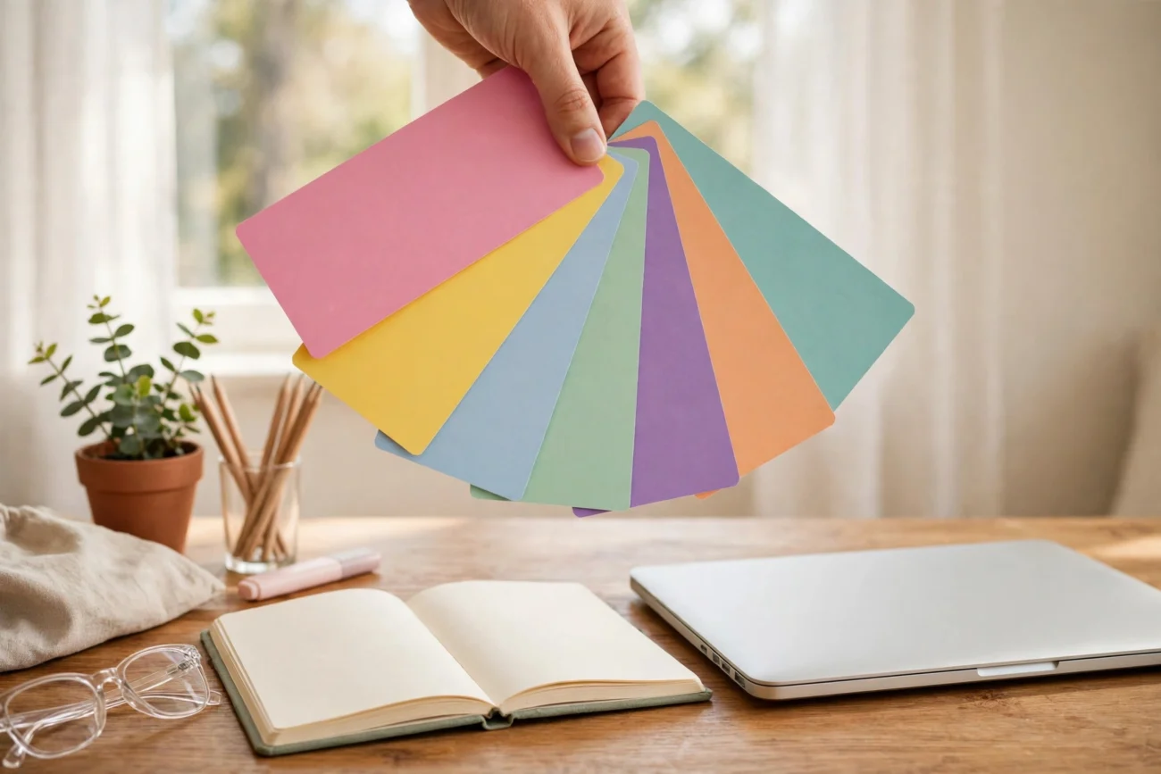 Hand fanning out colourful blank flashcards above a study desk with a laptop and notebook