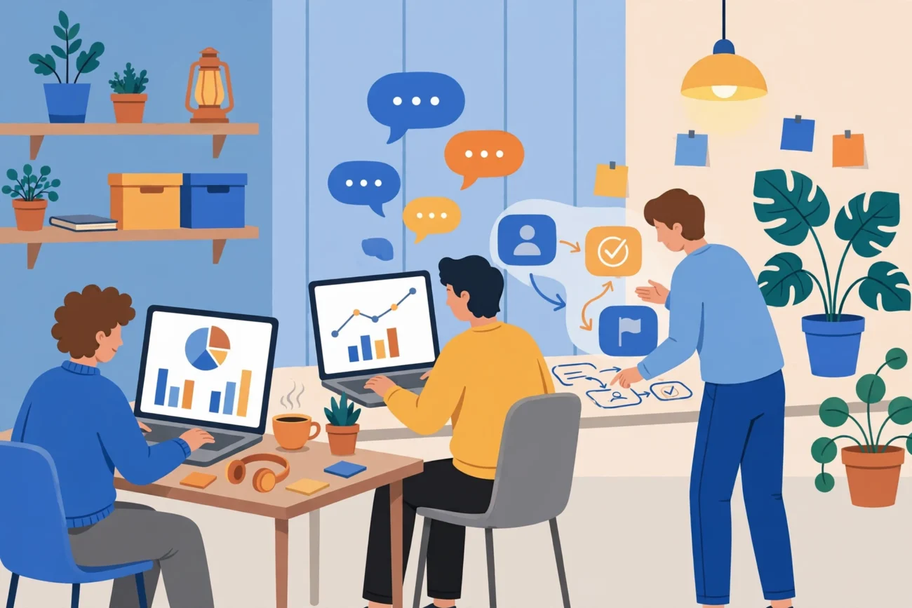 Startup workspace with laptops showing dashboard charts, chat bubbles and onboarding flow shapes