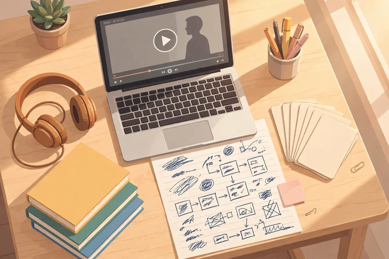 Student desk with a laptop playing a video lecture, study notes and flashcards beside it, with headphones and textbooks