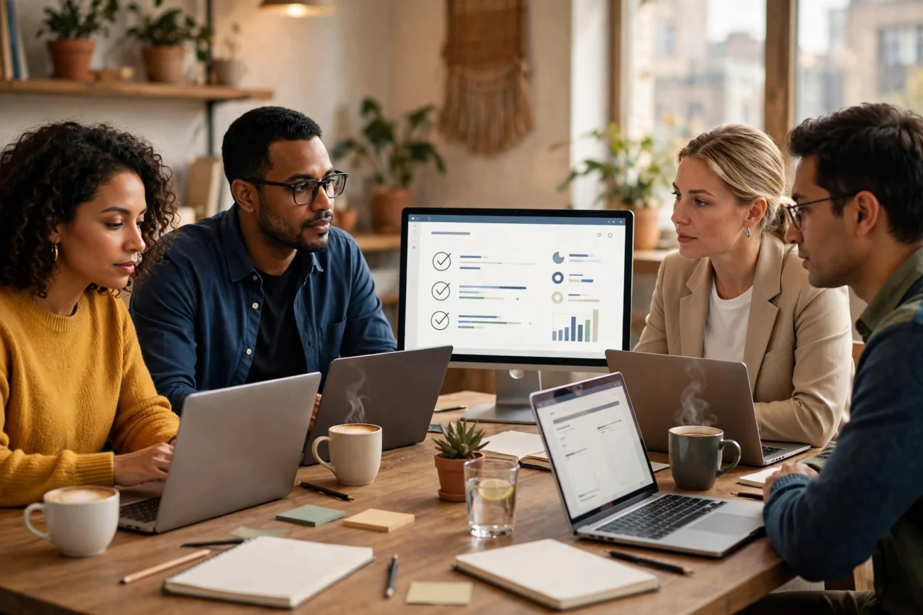 Team in a modern office meeting while an AI notetaker captures discussion points on a laptop