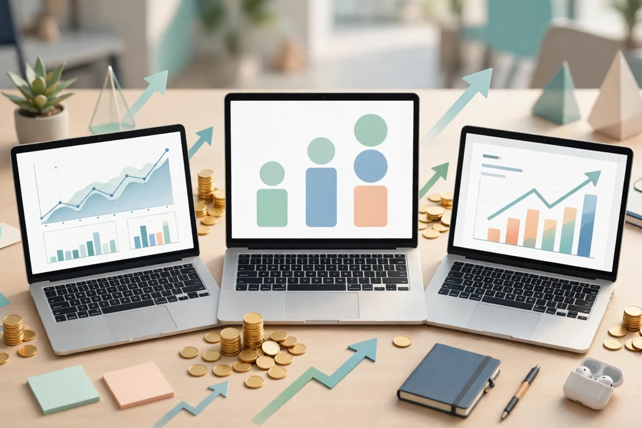Abstract illustration of software pricing shifting from single user seats to usage meters and completed-task outcomes, with a rising bar chart and connected workflow icons