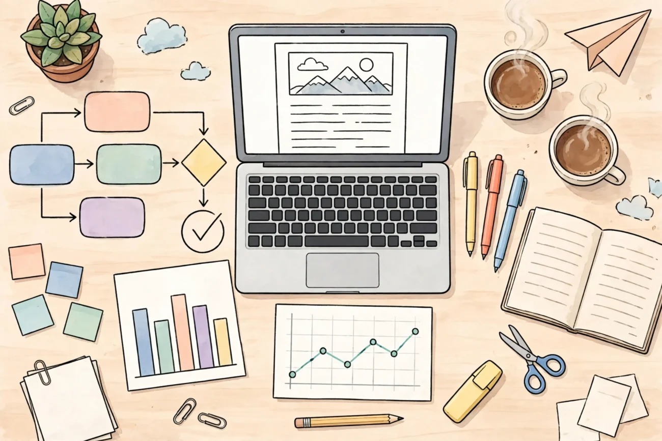 SaaS marketer's desk with a laptop showing a blog draft and content workflow icons