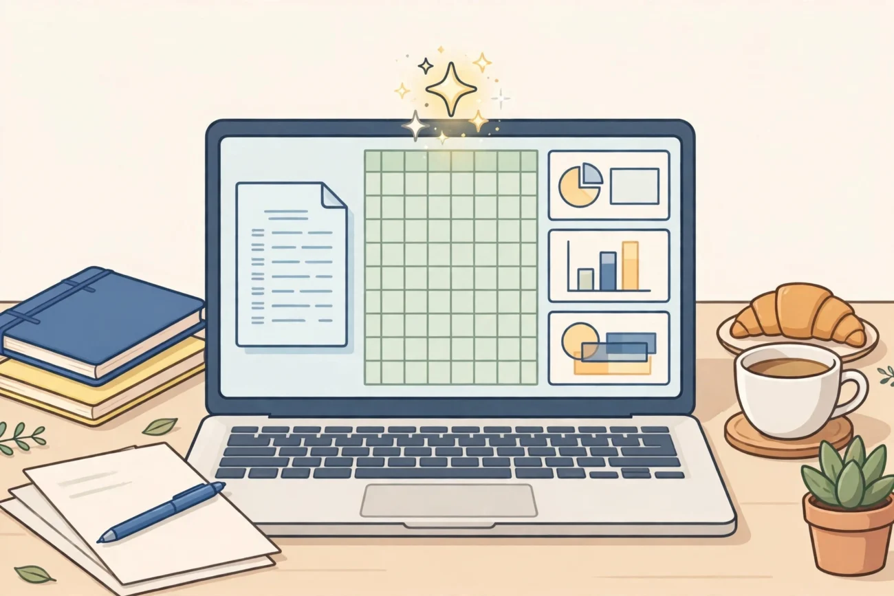 Illustration of Google Workspace apps at work — a document, a spreadsheet and a slide deck with a small AI sparkle assisting them, on a clean desk with a laptop