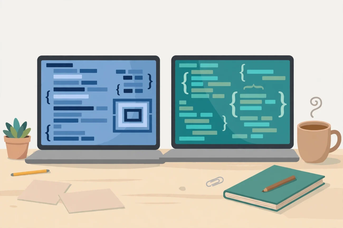 Developer workspace with two laptop screens showing code, for comparing DeepSeek and ChatGPT for coding
