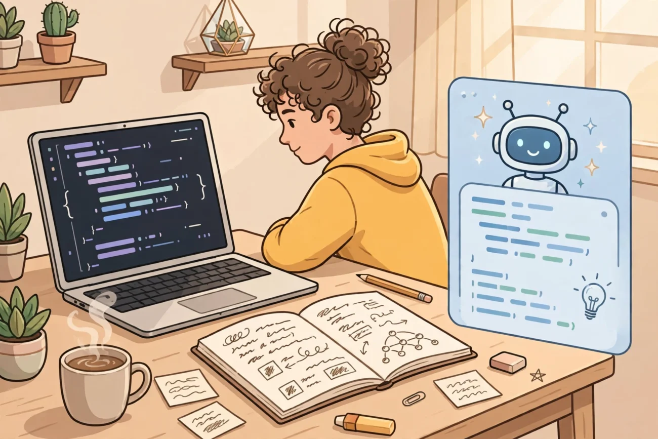 Beginner learning Python on a laptop with an AI coding assistant suggesting code beside handwritten notes