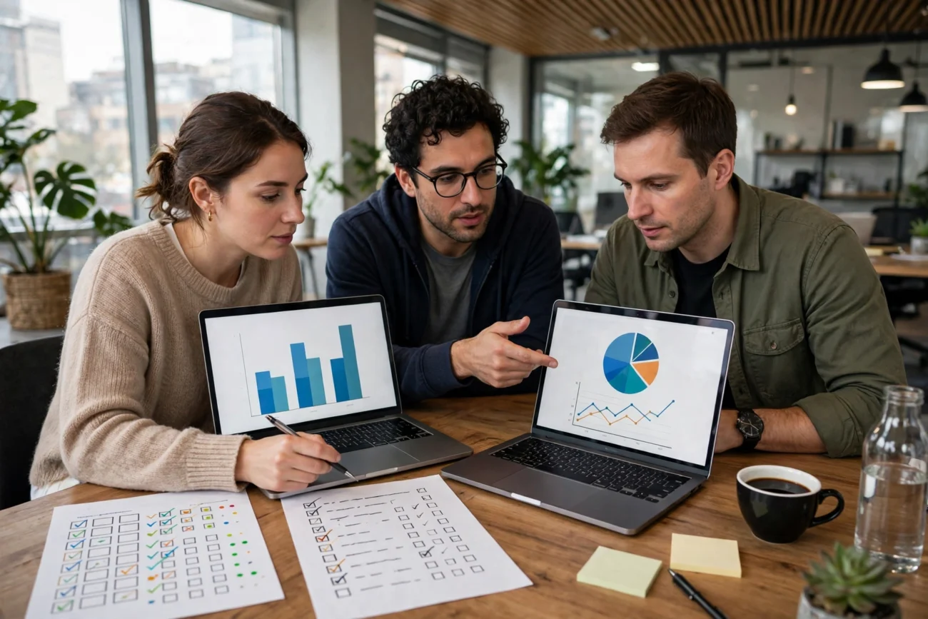 Small business team comparing AI tool options on laptops with a scorecard and checklist