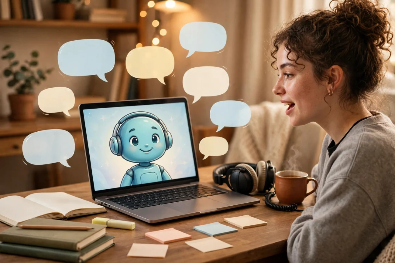 Student speaking to a laptop with an AI language tutor, notebooks and headphones on a desk