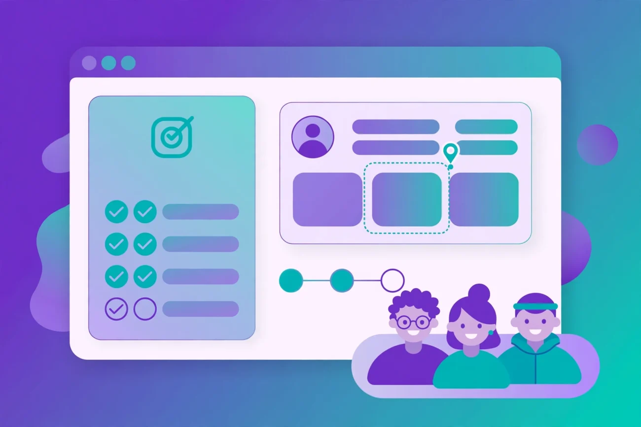 Illustration of a SaaS app window with an onboarding checklist, guided tour and user avatars