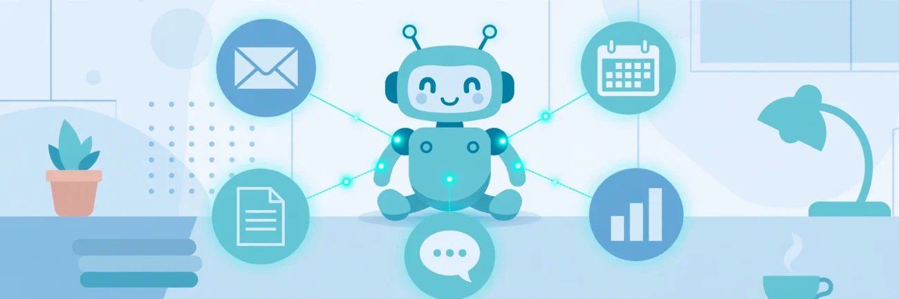 Illustration of a friendly AI agent robot connected to task icons for email, calendar, documents, charts and chat in a modern workspace